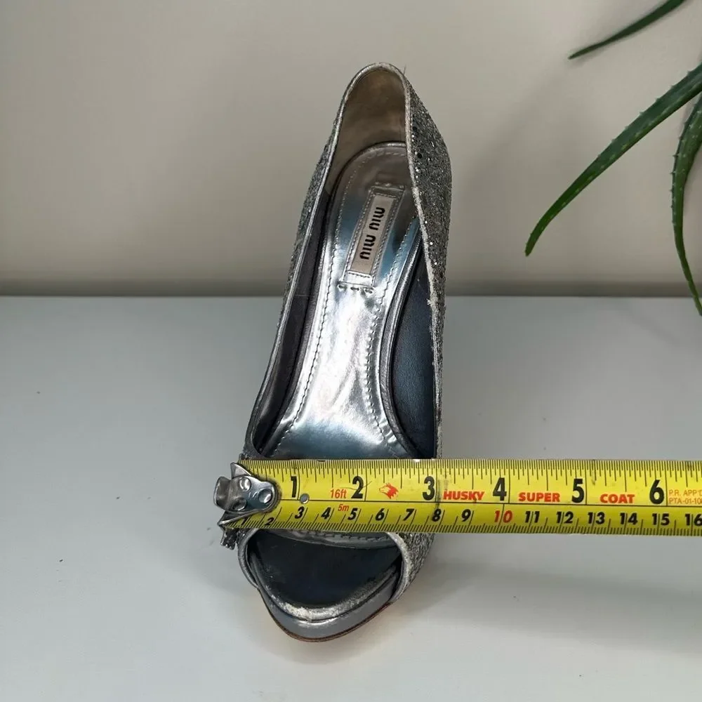 ✨ Miu Miu Silver Glitter Peep-Toe Heels 36.5 (US 6.5) Designer Party Shoes Italy - Picture 13 of 13